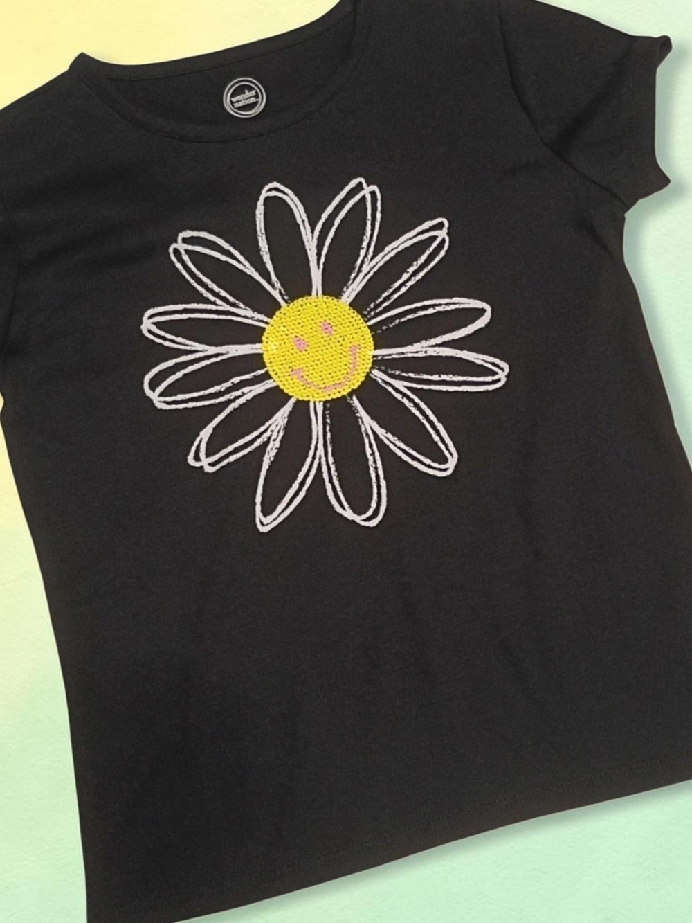 World Nation Girls Black Daisy Sequin Smile Tee